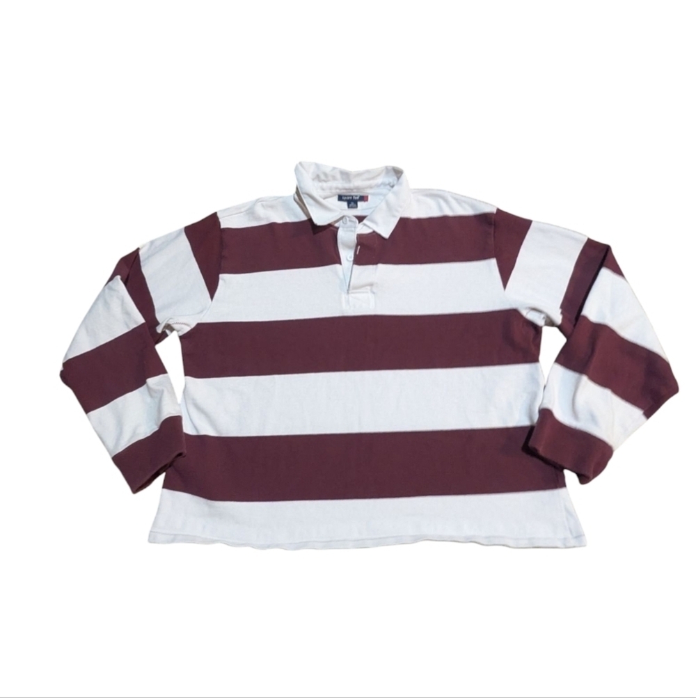 Sport-Tek Classic 2XL Sleeve Rugby Polo Maroon Red White Stripe Preppy